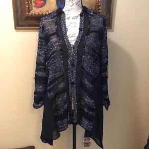 Ball of Cotton Bohemian knit & chiffon asymmetrical long sleeve pleat back cardi